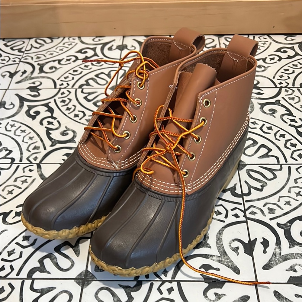 LLBean Brown and Tan Duck Boots with Orange Laces